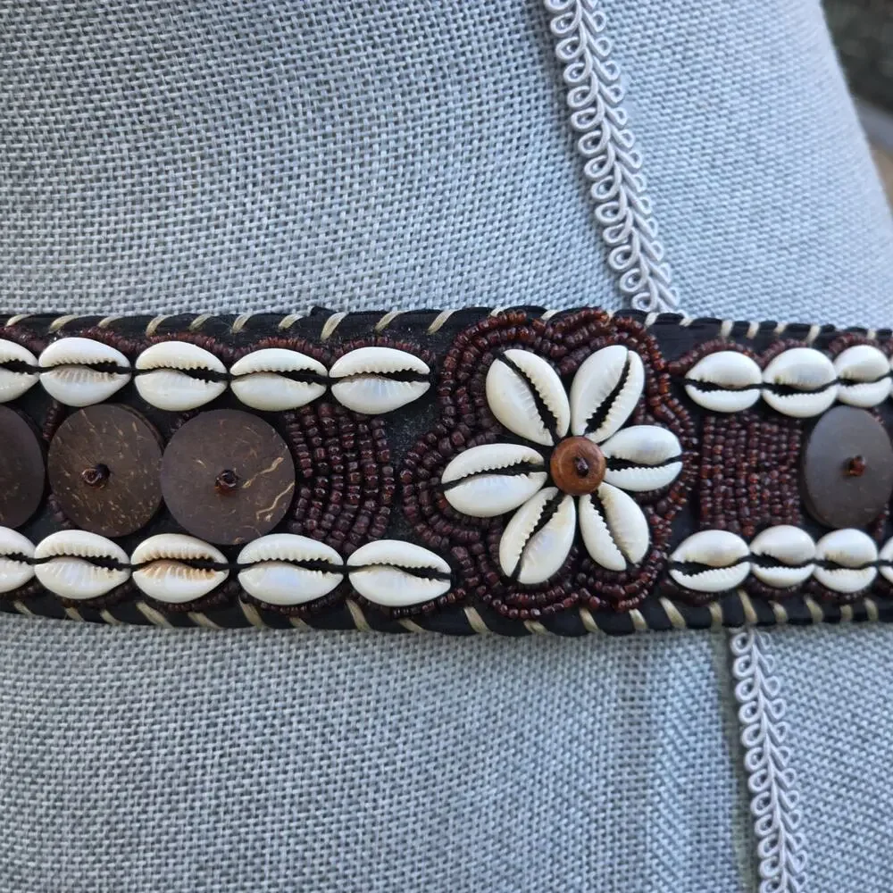 Handmade Boho Cowrie Shell & Coconut Shell Leather Tie Belt
